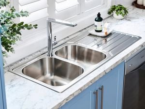 Silver sink and tapware.