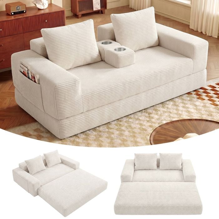 Advwin 2 Seater Folding Sofa Bed 2-in-1 Convertible Floor Loveseat Couch No Assembly w/ 2 Cup Holder & Side Pocket Beige