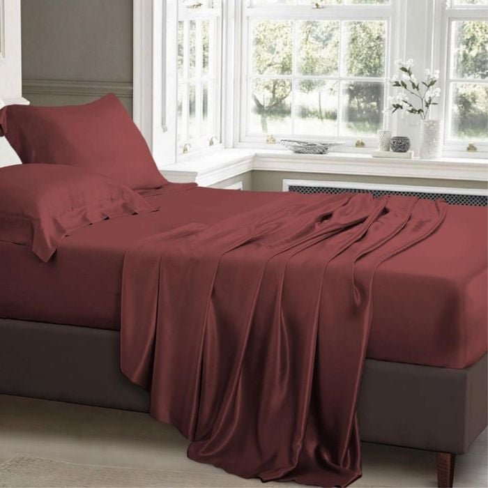 Luxor King Single Burgundy 1000TC Silk Silky Feel Satin Sheet Set