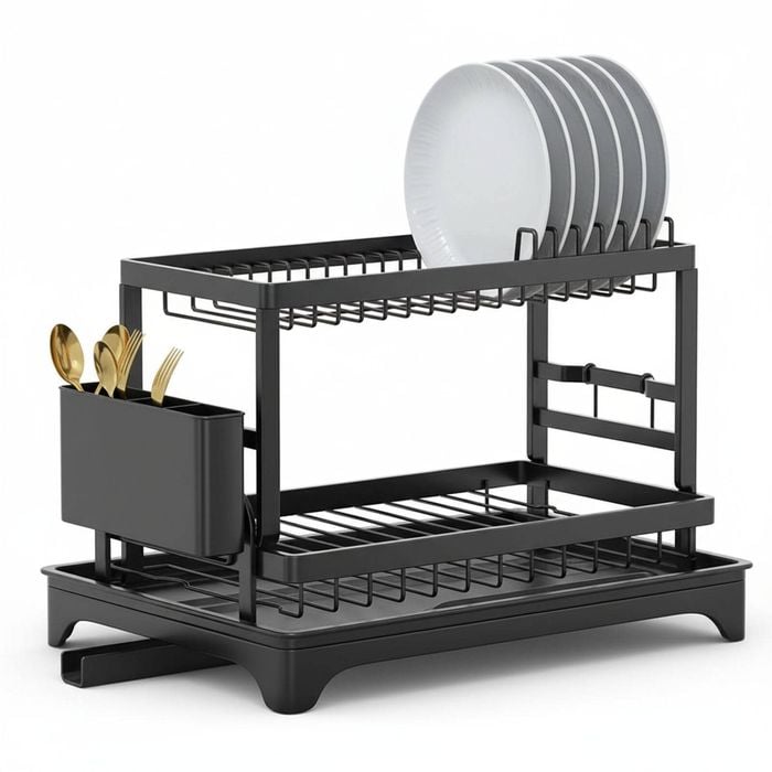 2-Tier Dish Rack with Auto Drain & Rotating Drainer