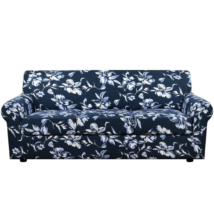 Smarcute 3 Seater Stretch Floral Pattern 4 Pieces Seperated Sofa Covers With Individual Cushions Navy