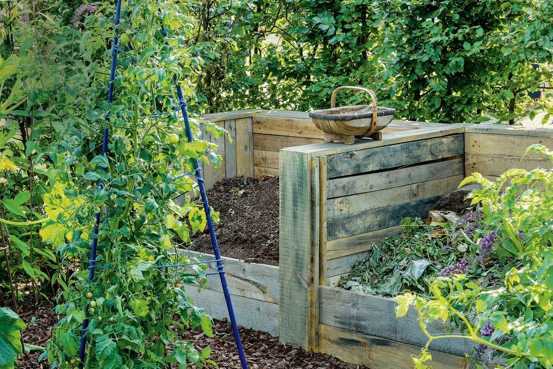 Two large timber compost bins in a back garden