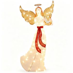 Costway 150cm Christmas Lighted Angel Yard Pre-Lit Angel Winged Holiday Figure w/Harp Halo-White