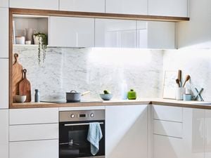 Wide shot of a kitchen featuring appliances, sink and crockery.