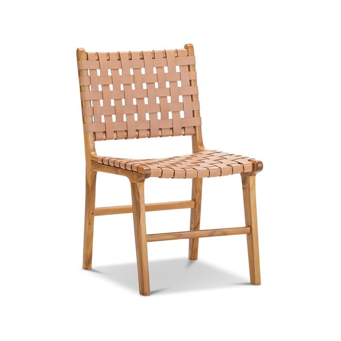 Casey Set of 2 Nude Tan Woven Leather Natural Teak Wood Dining Chairs
