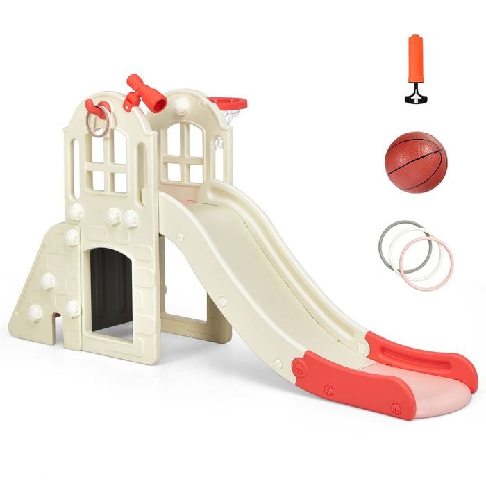 Costway Kids Slide Sets Indoor Play Center With Basketball Hoop Pink