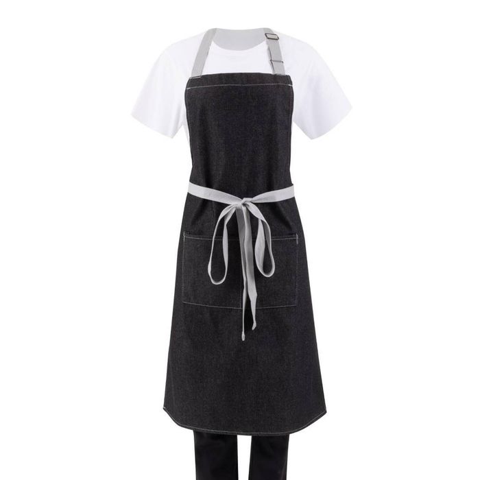 Southside Bib Apron Denim Black With Grey Ties Hospitality Kitchen Uniform