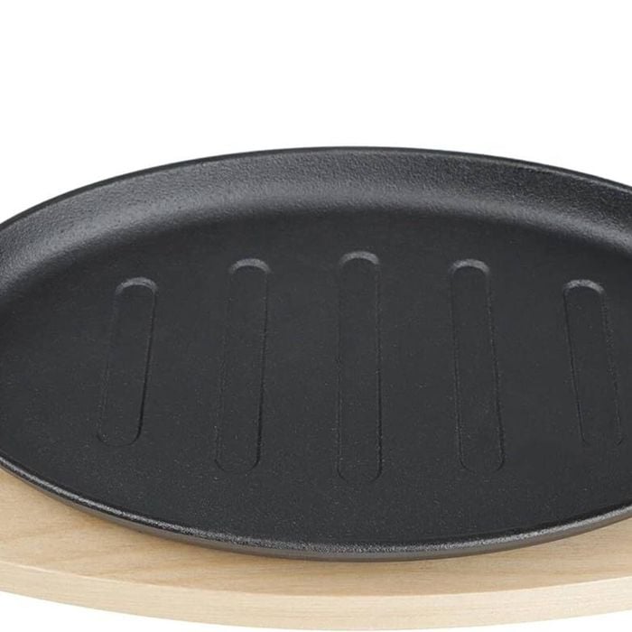 Steak Sizzle Plate Cast Iron Sizzling Platter Serving Plate Wooden Base + Handle