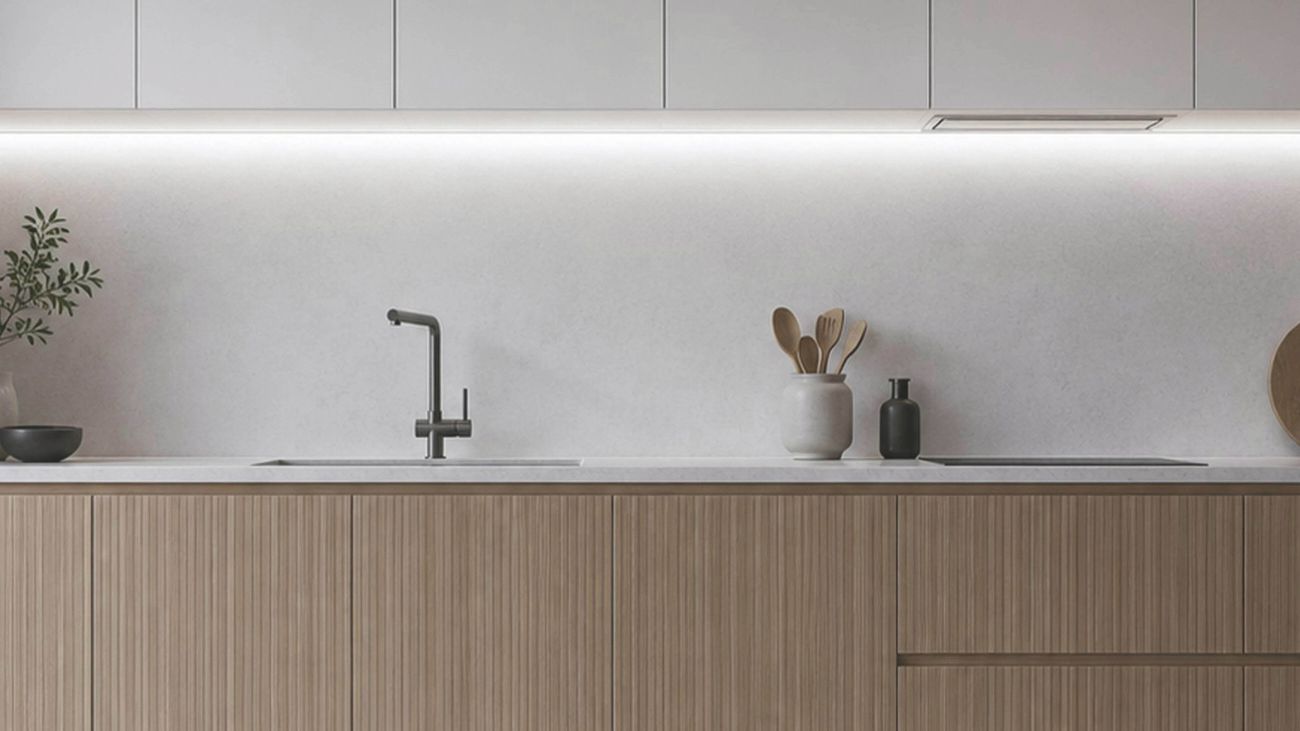 Modern kitchen counter with a dark tap, utensil holder, LED under-cabinet strip lighting, and wooden cabinetry.