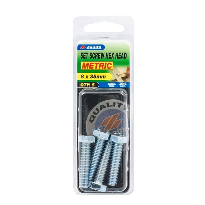 Zenith M8 x 35mm Zinc Plated Hex Head Set Screw - 5 Pack