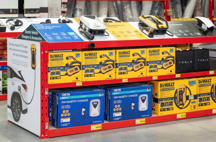 The image highlights the importance of selecting a charger that suits your home’s power supply for safe and efficient charging, featuring options from brands like DeWALT, DETA, and Tesla.