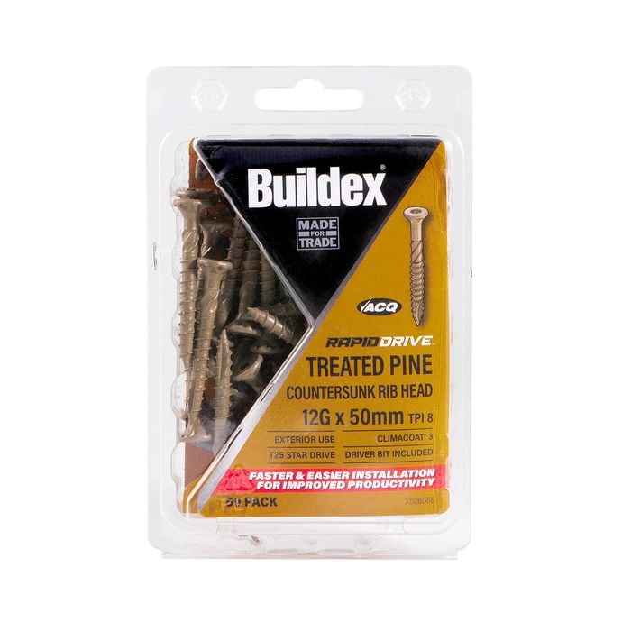 Buildex RapidDrive Treated Pine Screws 12G x 50mm Climacoat - 50 Pack