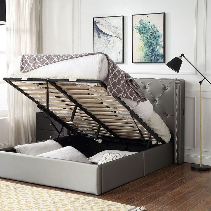 Empress Premium PU Fabric Queen Bed Frame Silver Gaslift