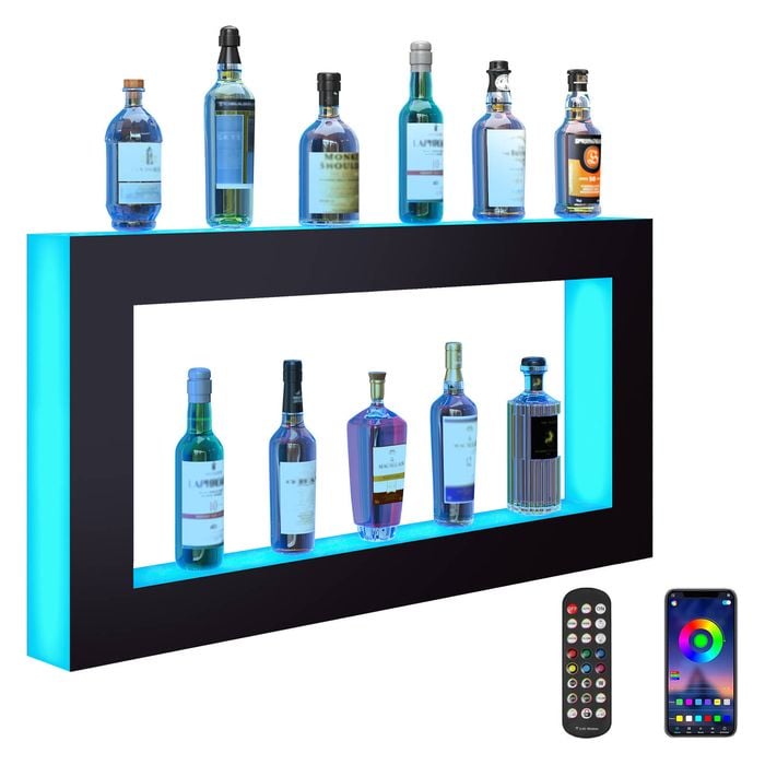 Vevor LED Lighted Liquor Bottle Display Black Bar Shelf RF and App Control