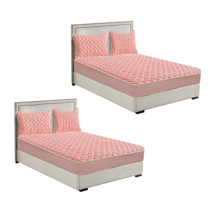 SOGA 2 Pack Pink King Clover Quilted Fleece Mattress Cover Sets with 4 Pillowcases