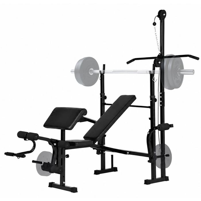 Advwin Adjustable Bench Press Home Gym, Multi-Function Bench Press with Bicep Pad, Pulldown Bar, Squat Rack & Leg Curl
