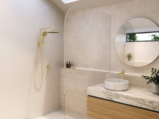 Modern bathroom interior featuring contemporary fixtures and finishes.