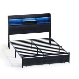 Ufurniture Bed Frame LED Lights Display Shelf Headboard & Charging Station with 2 Storage Drawers Metal Platform Bed Double Size