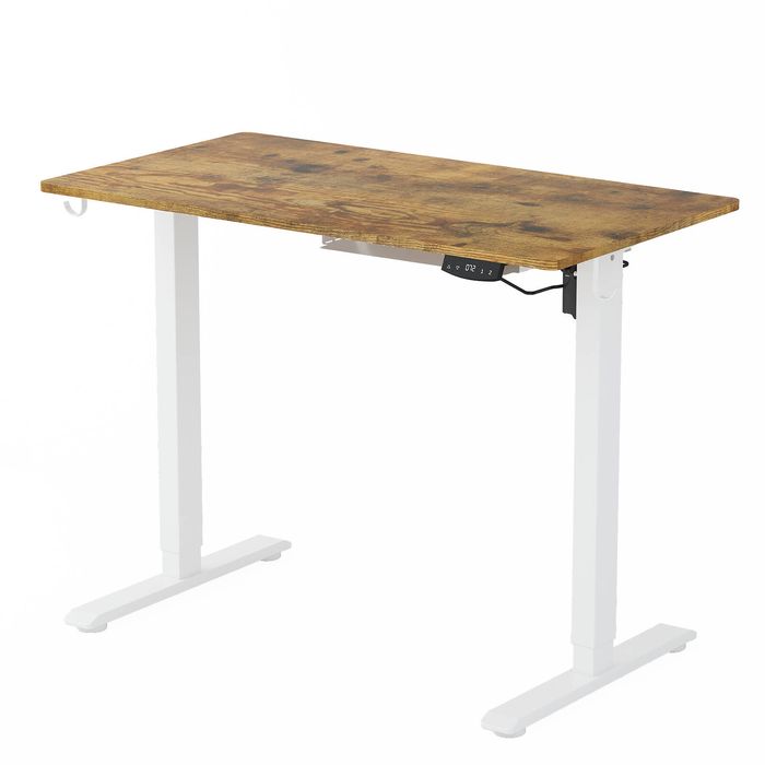 Ufurniture Standing Desk Electric Height Adjustable Whole Piece Walnut Desktop and White Frame 100cm