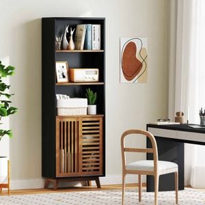 Costway 5-tier Bookshelf Display Cabinet W/sliding Doors Wood Storage Bookcase