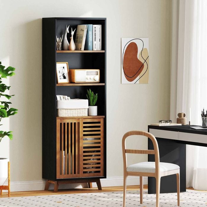 Costway 5-tier Bookshelf Display Cabinet W/sliding Doors Wood Storage Bookcase