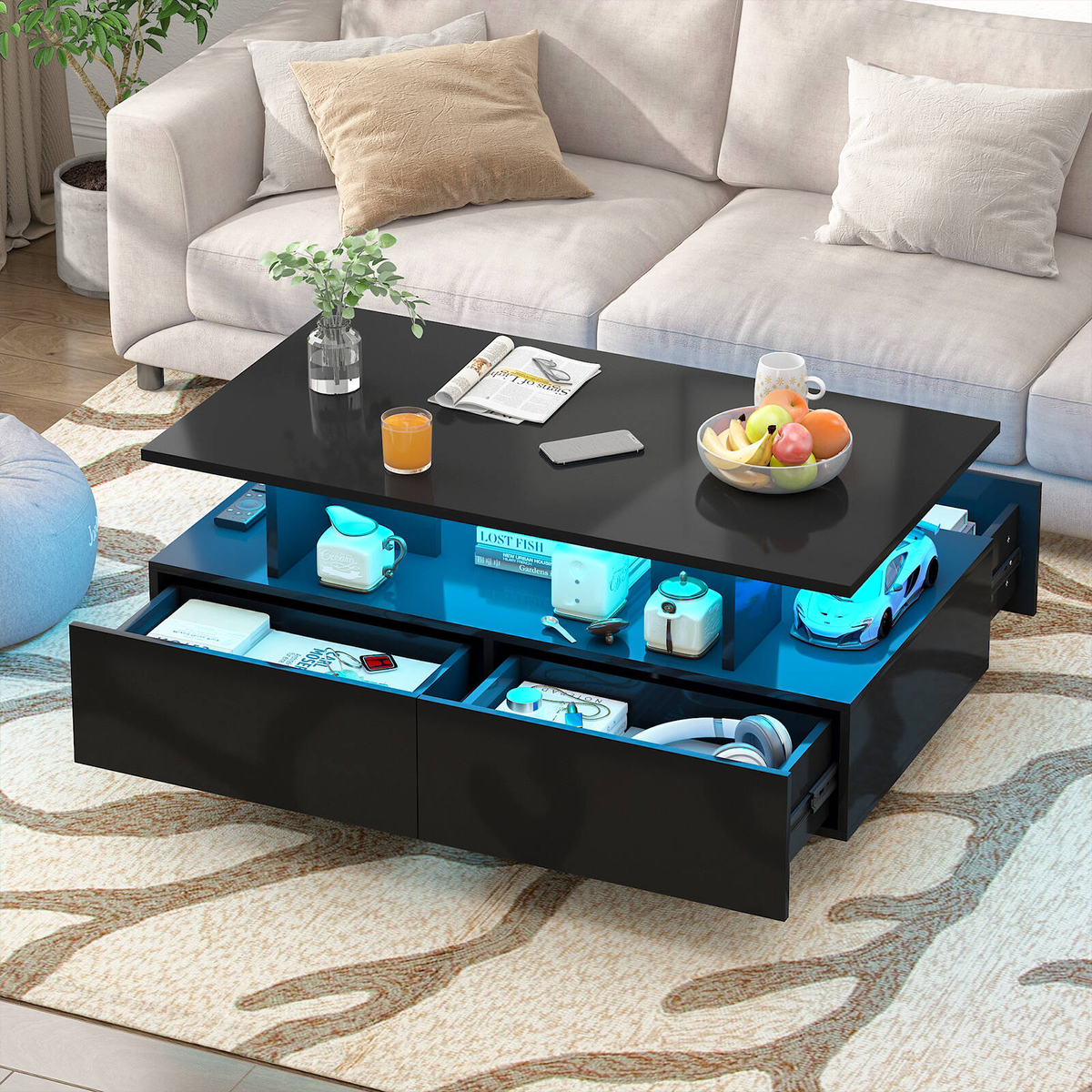 Advwin LED Coffee Table w/ 4 Storage Drawers High Gloss Central Table w ...