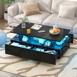 Advwin LED Coffee Table w/ 4 Storage Drawers High Gloss Central Table w/ Open Display Shelf Black