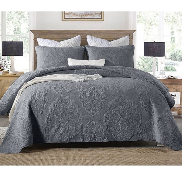 Bloomington 100% Cotton Cover Lightly Quilted Coverlet Set Royale Charcoal Queen