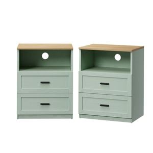 Oikiture 2pc Bedside Table 2 Drawers Open Shelf Nightstand Cabinet Natural&green
