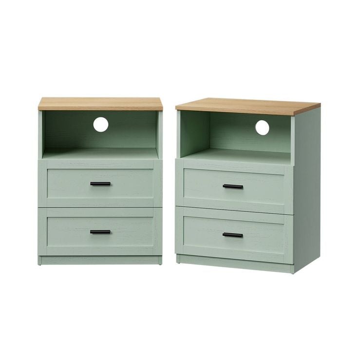 Oikiture 2pc Bedside Table 2 Drawers Open Shelf Nightstand Cabinet Natural&green