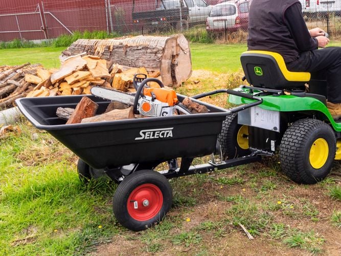 Selecta trailer in use on back of lawnmower