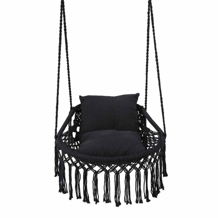 Costway Macrame Swing Chair Boho Hammock 2 Removable Cushion Black