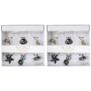 2x 6pc LVD Glass Ocean-Themed Alloy Wine Charms Set 13x12cm Multicoloured
