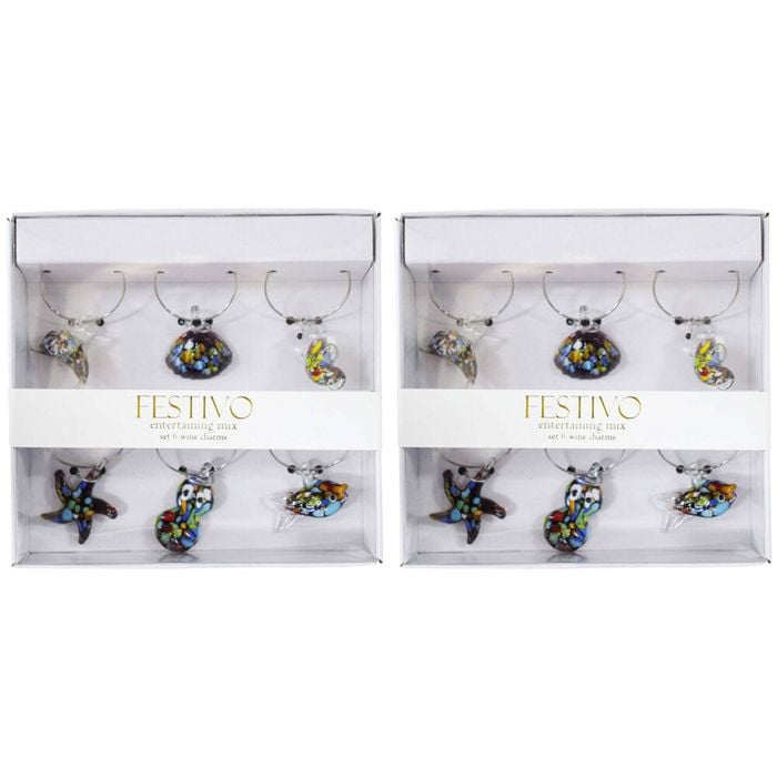 2x 6pc LVD Glass Ocean-Themed Alloy Wine Charms Set 13x12cm Multicoloured