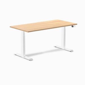 Desky Dual Sit To Stand Sublime Teak Melamine Desk 150x75cm White Height Adjustable Legs
