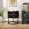 HOMFURN Round Bedside Table with 2 Drawers, Black Fluted Nightstand with Brown Woodgrain Top