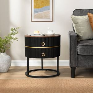 HOMFURN Round Bedside Table with 2 Drawers, Black Fluted Nightstand with Brown Woodgrain Top