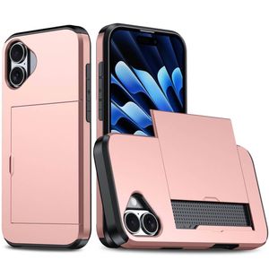 For Apple iPhone 17 Slide Armor Card Holder Wallet Protective Shockproof Hard Dual Layer Back Cover (Rose Gold)