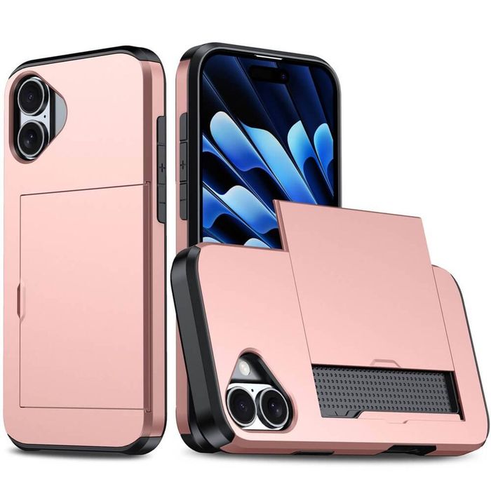 For Apple iPhone 17 Slide Armor Card Holder Wallet Protective Shockproof Hard Dual Layer Back Cover (Rose Gold)
