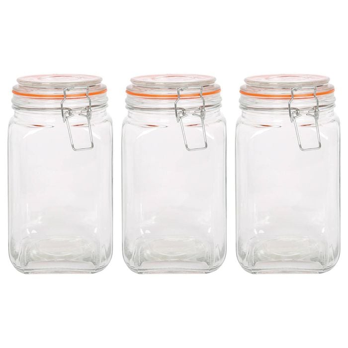Argon Tableware Square Glass Jars with Clip-Top Lids - 1.25L - Pack of 3