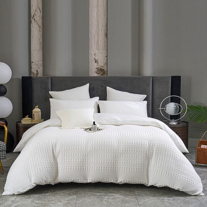 CottonMore 100% Cotton Striped Large Waffle Pattern White Quilt Doona Duvet Cover Set - King