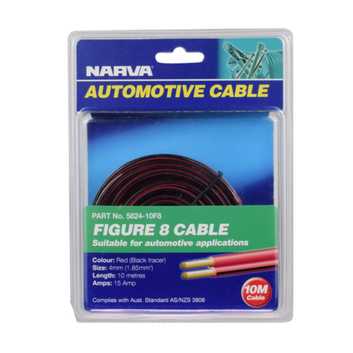 Narva 15A 4mm Red(Black Tracer) Twin Core Figure 8 Cable - 10m