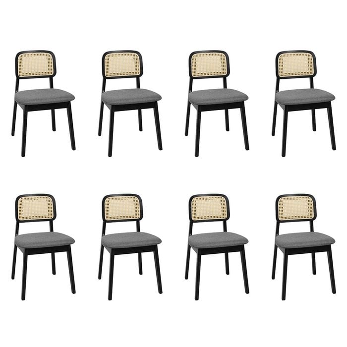 Levede 8pc Rattan Solid Wood Fabric Seat Dining Chairs - Black
