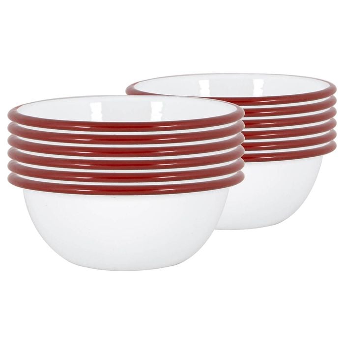 Argon Tableware 16cm Coloured Enamel Bowls - Set Of 12 - Red Lightweight Metal Camping Serving Bowls For Snacks, Pasta, Salad