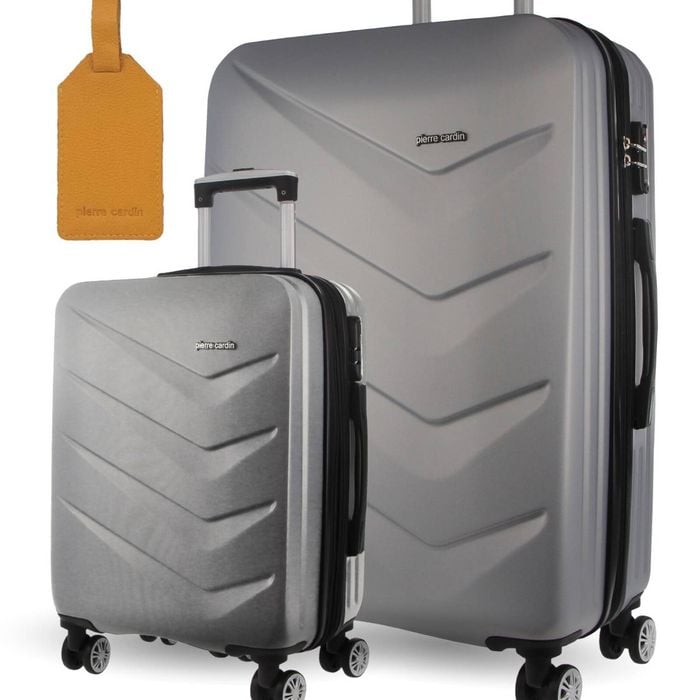 2pc Pierre Cardin Travel Hard-Shell Large and Cabin Set w/ Luggage Tag Silver