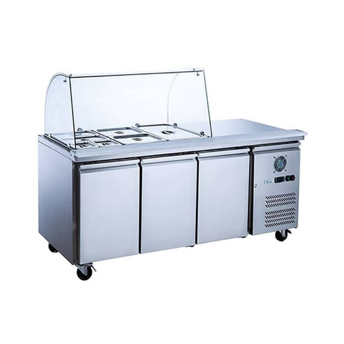FED-X Three Door Salad Prep Fridge with Curve Glass Top 