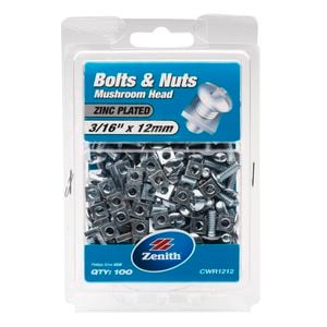 Zenith 3/16" x 12mm Zinc Plated Mushroom Head Bolt And Nut - 100 Pack