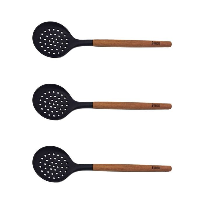 3PK Bialetti St. Clare Silicone Skimmer Cooking Utensil w/ Acacia Handle Black
