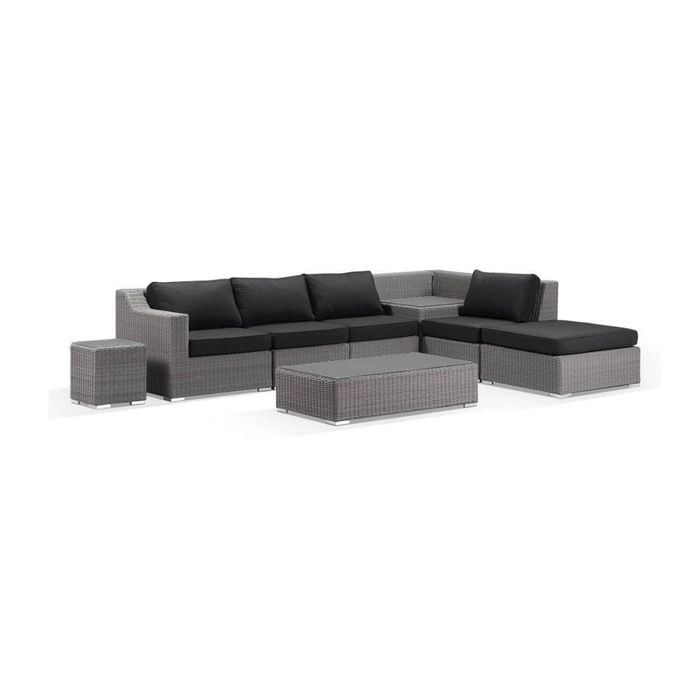 Milano Outdoor Chaise Lounge Brushed Grey With Built In Corner Table & Denim Cushions
