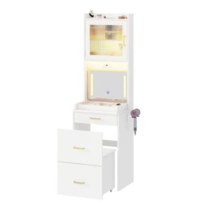Advwin 3-in-1 Tall LED Vanity Desk with Flip Top Mirror & Charging Station, White